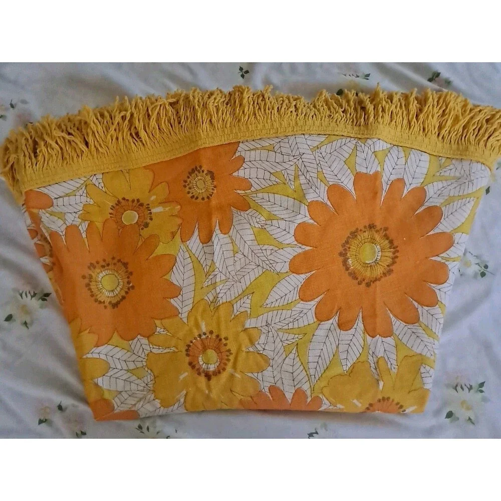 70s Flower Power Orange Yellow Round Tablecloth With Fringe 56